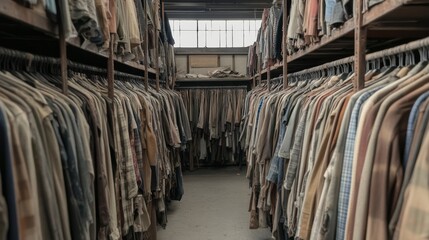 Clothing warehouse interior, aisle of vintage apparel, storage, industrial building background