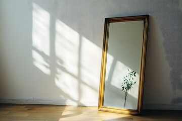 Wall Mural - A mirror with a gold frame leaning up against a white wall