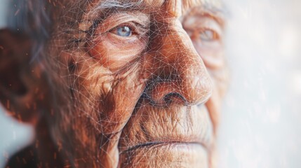 Aufkleber - A close-up profile of an elderly man with deep wrinkles, blended with a futuristic geometric overlay. The combination of realism and technology creates a thought-provoking visual. AI generated.