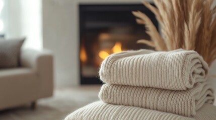 Poster - Cozy living room with neatly folded towels and a warm fireplace in the background during a relaxing evening. Generative AI