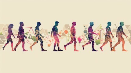 Aufkleber - Artistic depiction of human evolution stages using colorful silhouettes and intricate geometric shapes, blending abstraction with storytelling. AI generated.