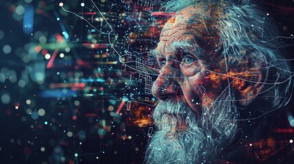 Aufkleber - Profile view of an elderly man blended with intricate digital patterns, highlighting the contrast between humanity and advanced technology. AI generated.