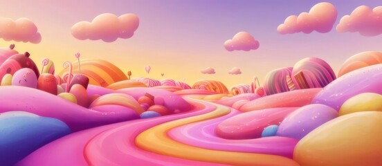 Wall Mural - Whimsical candy landscape with colorful hills, river, and sky.