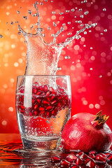 Canvas Print - Pomegranate seeds burst forth in a glass, water splashing against a vibrant, bokeh-filled background.