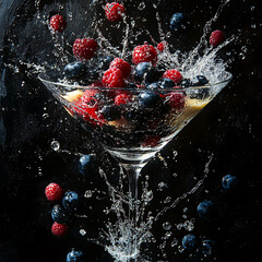 Canvas Print - Berry medley in a martini glass with dynamic water splashes against a dark backdrop.