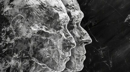 Aufkleber - Artistic depiction of two textured white faces in profile on a black background, creating an abstract and eerie visual. Perfect for conceptual or creative projects. AI generated.