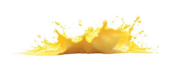 Poster - Vibrant yellow paint splash with dynamic liquid motion on a transparent background, showcasing color and texture for creative design