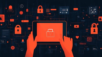Aufkleber - Hands using tablet with digital security lock and network connections.