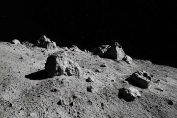 Wall Mural - Rocky lunar surface features large boulders under a dark sky filled with stars, illustrating the desolation of the moon's landscape