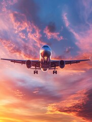 Leinwandbilder - Airplane flying through a colorful sunset sky illuminating clouds and horizon in vibrant hues. Generative AI