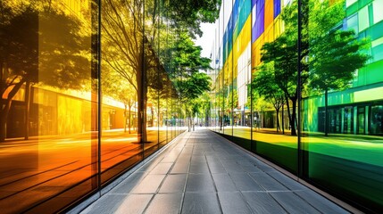 Poster - Colorful Modern Architecture with Glass Reflections and Trees