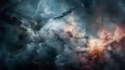 Wall Mural - Cosmic nebula with swirling clouds of gas and dust in shades of blue, grey, and orange.