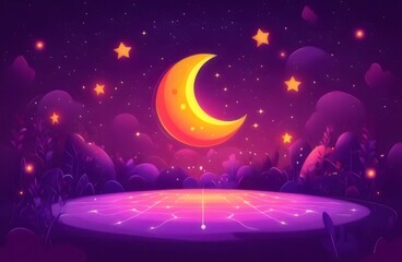 Wall Mural - Night scene with crescent moon, stars, and glowing platform.