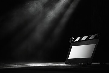 Poster - Creative filmmaking setup with clapperboard and dramatic lighting in an empty space. Generative AI