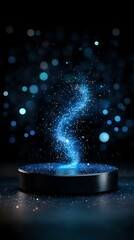 Poster - Magical blue glowing particles swirling upward from black platform against dark background, creating ethereal light trail effect with bokeh and sparkles.
