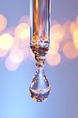 Poster - Crystal clear water drop with golden light reflections suspended against soft bokeh background in pastel blue and pink tones, macro photography.