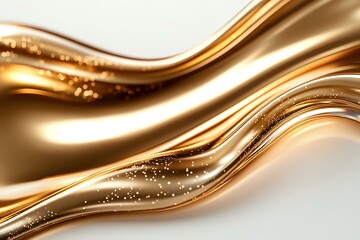 Poster - Luxurious golden waves with sparkling particles flow in smooth curves against white background, creating elegant abstract design for luxury branding and decorative art.