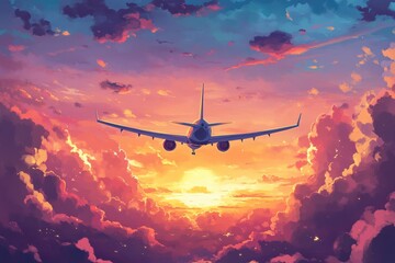Leinwandbilder - Beautiful sunset view with an airplane flying through colorful clouds in the evening sky. Generative AI