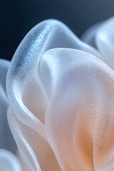 Poster - Ethereal white flowing curves with sparkling glitter effect in soft peach and blue tones create an abstract macro background for luxury design projects.