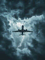 Poster - airplane flying through stormy skies with dramatic lightning in the background during twilight hours