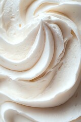 Poster - Creamy white meringue or whipped cream swirls in macro close-up showing soft peaks and delicate texture, suitable for dessert and baking backgrounds.