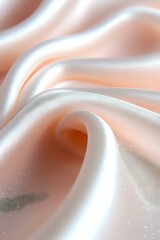 Poster - Soft peach and white silk fabric with elegant folds and curves creating gentle waves and swirls, macro photography with selective focus and dreamy lighting effects.