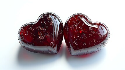 Poster - Two glossy red heart-shaped objects with translucent crystal-like surface reflecting light, symbolizing romance and love, placed against white background.
