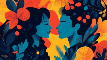 Poster - Romantic couple's profile faces surrounded by vibrant autumn leaves and flowers.