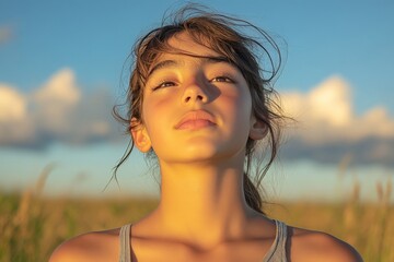 Poster - Young girl gazes upwards in golden sunlight against a backdrop of clouds and blue sky