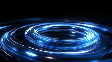 Poster - Dynamic blue light spiral swirls on black background creating futuristic energy vortex effect, suitable for technology and innovation concepts.