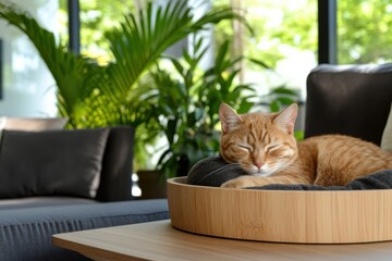 Wall Mural - This captivating image features a ginger cat happily curled up in a stylish bamboo bed, bathed in natural light and surrounded by greenery.