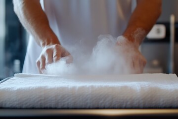 A pair of hands creating steam as they press down on freshly laundered white towels, showcasing the texture and cleanliness while highlighting the comforts of home care activities.