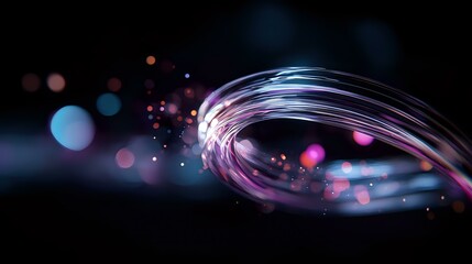 Poster - Glowing spiral light trail with pink and blue bokeh effects on dark background creates magical atmosphere for abstract design projects.