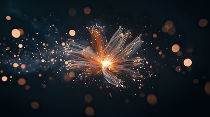 Poster - Glowing fiber optic explosion with orange light bursts and bokeh effects against dark background creates dramatic technological abstract composition.