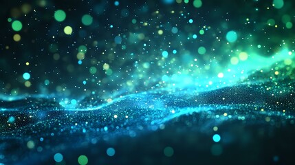 Poster - Magical glowing particles flow in turquoise and green waves against dark background, creating ethereal bokeh effect and shimmering cosmic atmosphere.