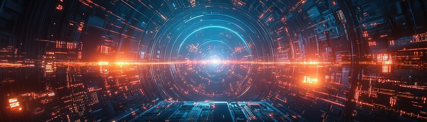 Fototapete - Exploring futuristic technology concepts in a vibrant digital space sci-fi environment aerial view