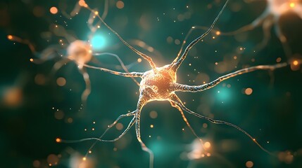 Poster - Glowing neuron cell with synaptic connections on turquoise background showing neural network activity and electrical impulses in brain tissue. Medical science concept.