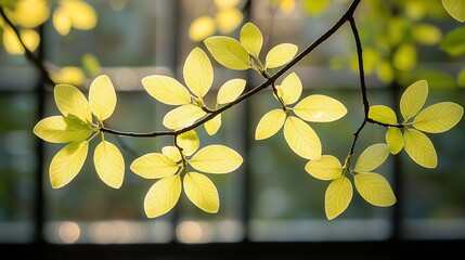 Canvas Print - Sunlight through window illuminates vibrant yellow leaves on branch