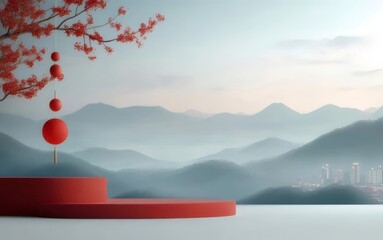 Wall Mural - Red platform with hanging ornaments against a mountain backdrop.