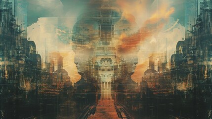 Aufkleber - A mesmerizing blend of mirrored silhouettes, architectural cityscapes, and digital textures. The abstract composition evokes mystery and imagination. AI generated.