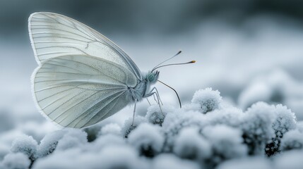 Wall Mural - A close-up of a white butterfly perched on a frosty surface, showcasing delicate details and a softly glowing effect