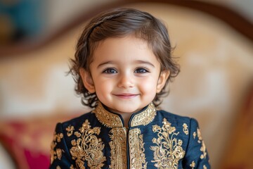 Cute child in traditional attire smiles with joy in a beautifully decorated indoor setting during a festive occasion