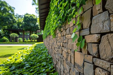 Wall Mural - A close-up view of a stone wall adorned with green climbing vines in a serene outdoor setting.