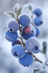 Canvas Print - Close-up of frosted juniper berries on a branch, showcasing a minimalistic and serene winter scene