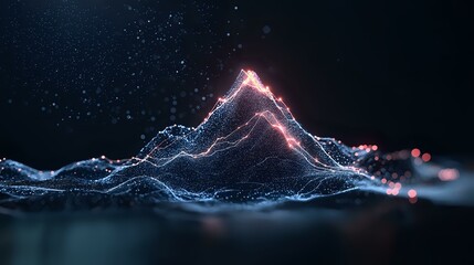 Poster - Glowing mountain peak formed by luminous particles and light waves against dark background, digital visualization of data landscape with neon effects.
