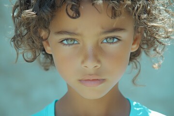 Poster - Young child with curly hair and striking blue eyes looks directly at the camera in bright light