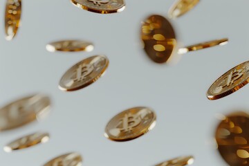 Poster - Golden bitcoin coins falling and floating on light background, cryptocurrency concept with selective focus and motion blur effect for financial design.