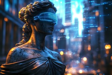 Poster - Bronze statue of justice wearing futuristic digital visor against urban night background with glowing data visualization and city lights creating cyberpunk atmosphere.
