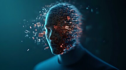 Poster - digital human head silhouette dissolving into glowing data particles against dark background, repres