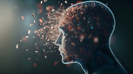 Poster - Male profile silhouette dissolving into glowing particles against dark background, representing mind, consciousness, artificial intelligence and digital transformation.